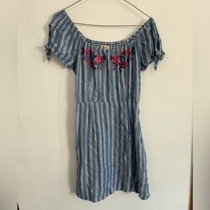 Hollister Blue and White Striped Off-Shoulder Dress with Floral Embroidery